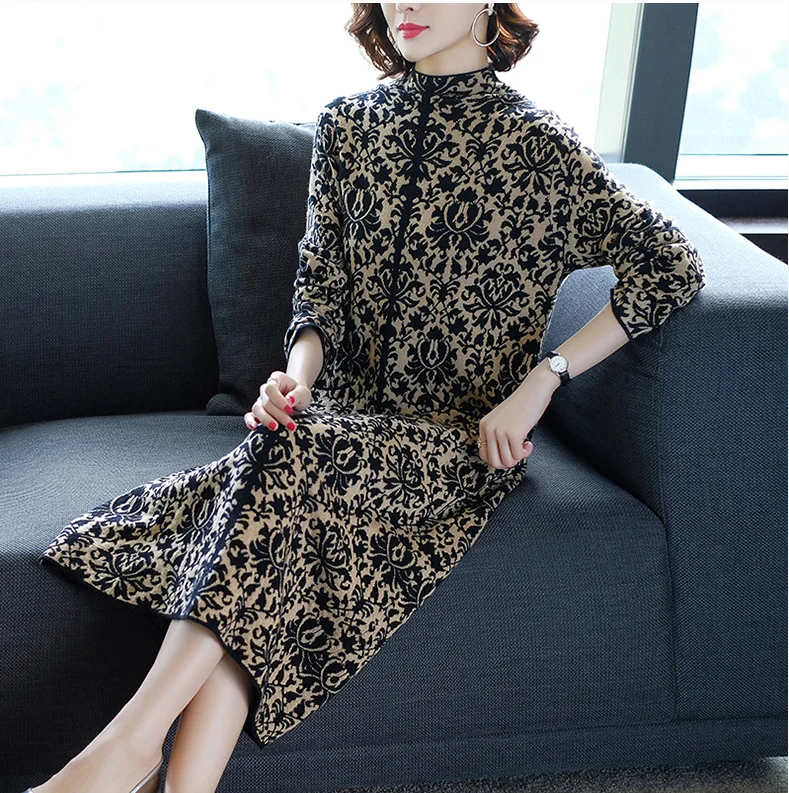 Vintage Plaid Knitted Long Sleeve Turtleneck Dress Women Pockets Casual Sweater Dresses Autumn Winter Women Elegant Dresses