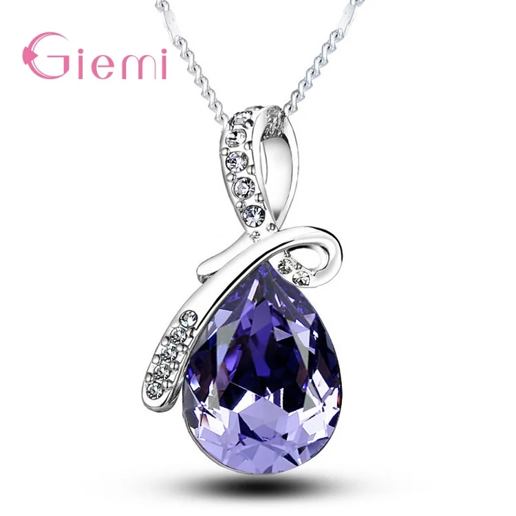 

100% 925 Silver Stamps Wholesale Elegant Charms Multicolor Crystals Waterdrop Pendant Chain Necklace For Girl Women Nice Jewelry