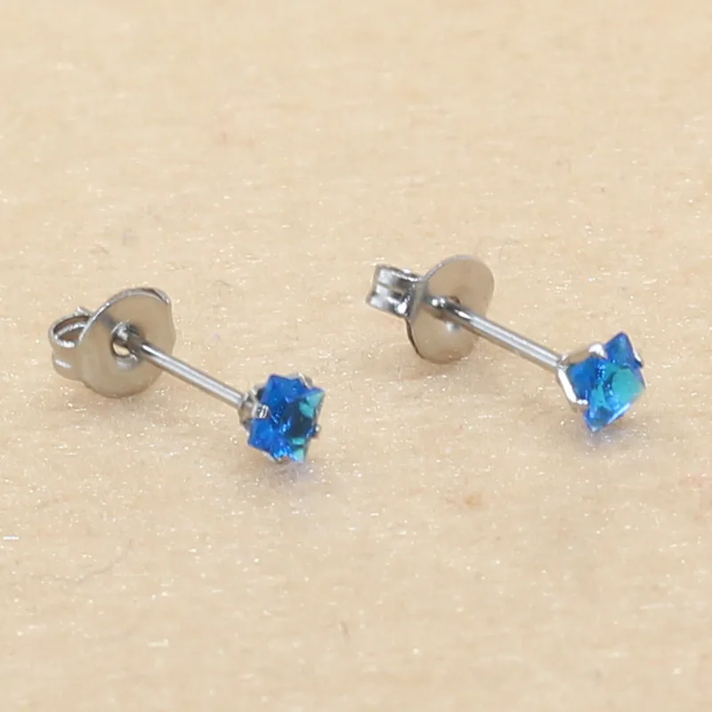 Stainless Steel With 3mm Square Colors Red Green Blue AAA Zircons Stud Earrings No Fade Allergy Free