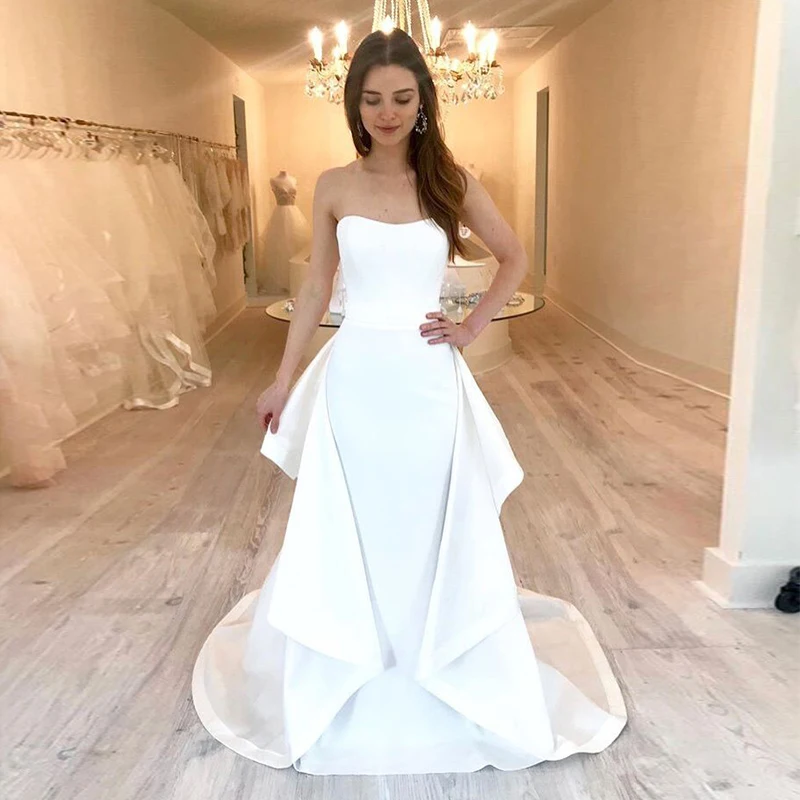 2019 New Simple White Ivory Mermaid Wedding Dress Strapless Custom Vestidos de novia Wedding Gowns Chapel Train Bride Dresses