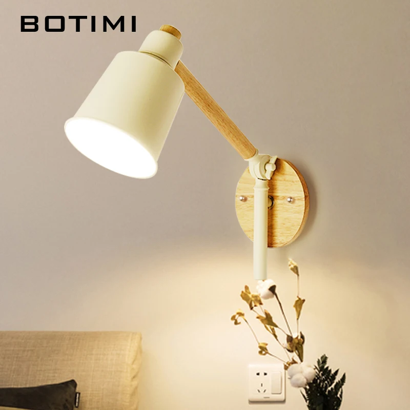 2024 Nordic LED Wall Lamp Wooden Wall Sconce Adjustable Luminaira Metal Lampshade Bedside Light White Reading Lighting Fixture