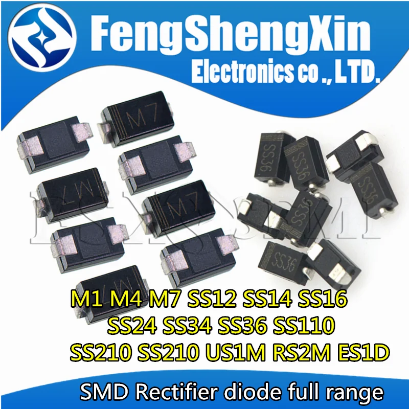 100 sztuk SMA dioda prostownicza M1 M4 M7 SS12 SS14 SS16 SS24 SS34 SS26 SS36 SS110 SS210 SS210 US1M RS2M RS1M ES1D 1N4007 DO-214AC