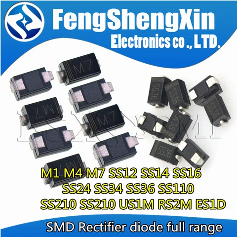 100pcs SMA Rectifier diode M1 M4 M7 SS12 SS14 SS16 SS24 SS34 SS26 SS36 SS110 SS210 SS210 US1M RS2M RS1M ES1D 1N4007  DO-214AC