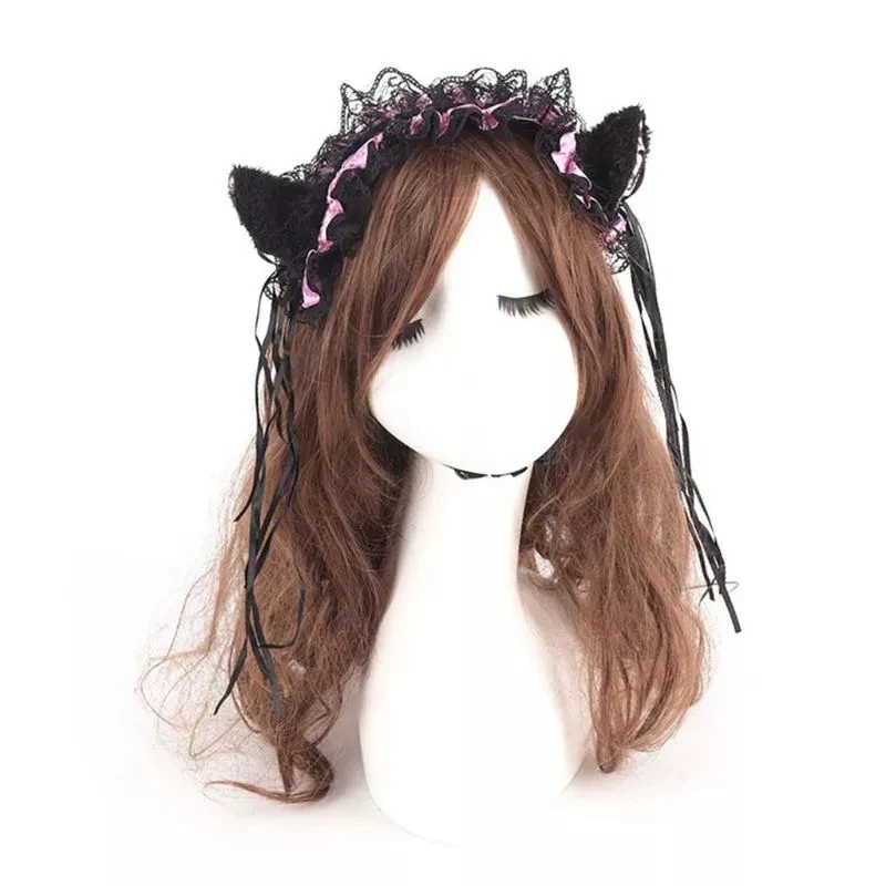 Girls Plush Cat Ears Lace Bow Ribbon Hairbands For Women Lolita Headband Headwear Hair Hoops Scrunchies Cosplay hair accessories