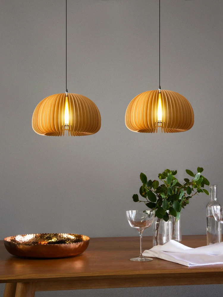 

Modern Nordic pumpkin lantern vintage restaurant chandelier hanging wood pendant lights dining room home deco lighting fixture