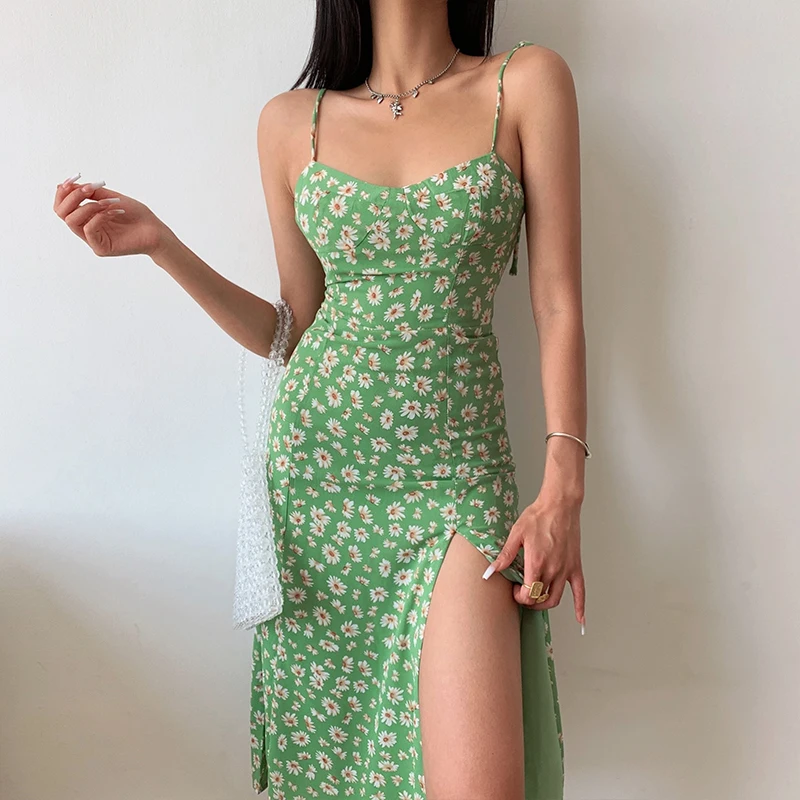 

Green Sexy Split Dress Sexy 2023 summer Daisy Straps French Daisy Print Suspender cottagecore Dress Backless vestidos gothic