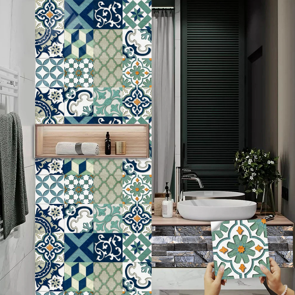 16pcs Retro Moroccan Kitchen Oil-poof & Waterproof Stickers Cupboard Bathroom Decoration Art Mural Self-adhesive Wall Decals