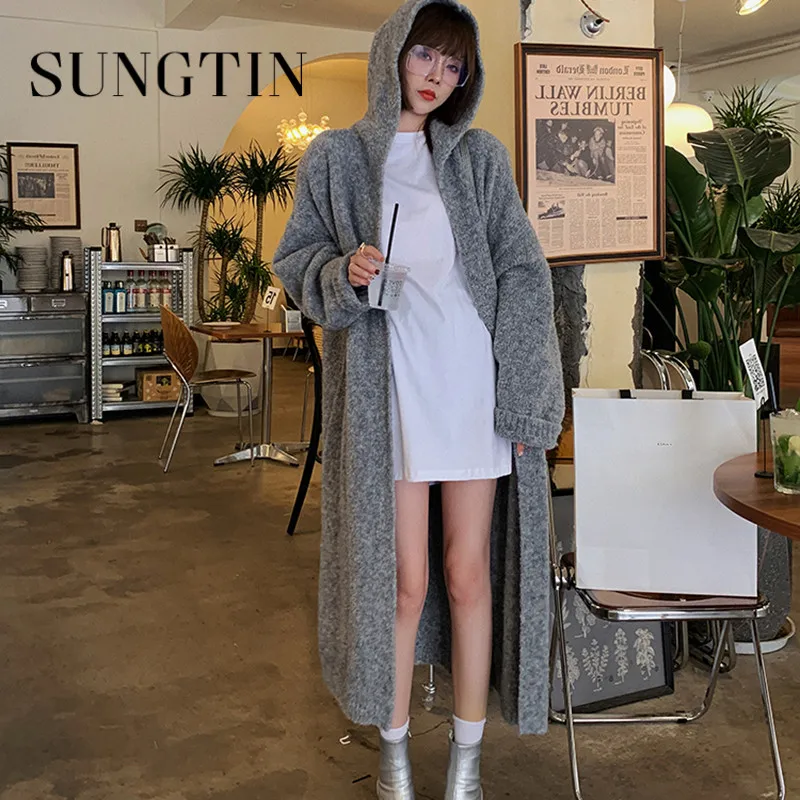 Sungtin Fashion Hooded Long Knitted Cardigans Women Oversized Korean Lazy Style Warm Loose Sweaters Female Vintage Soft Coats