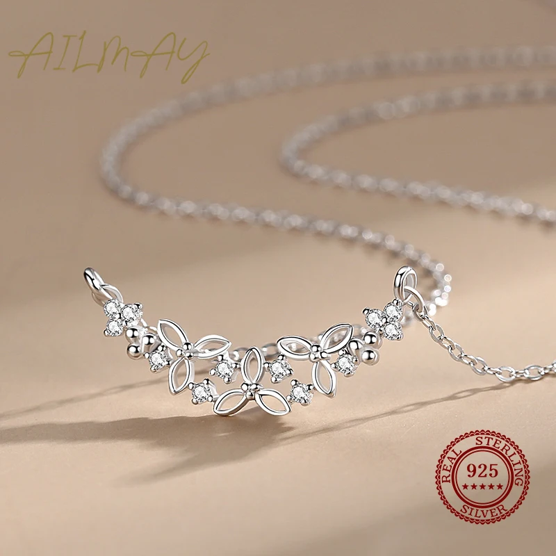 Ailmay Authentic 925 Sterling Silver Shining CZ With Flower Shape Pendant Necklace for Women Wedding Engagement Jewelry Gift
