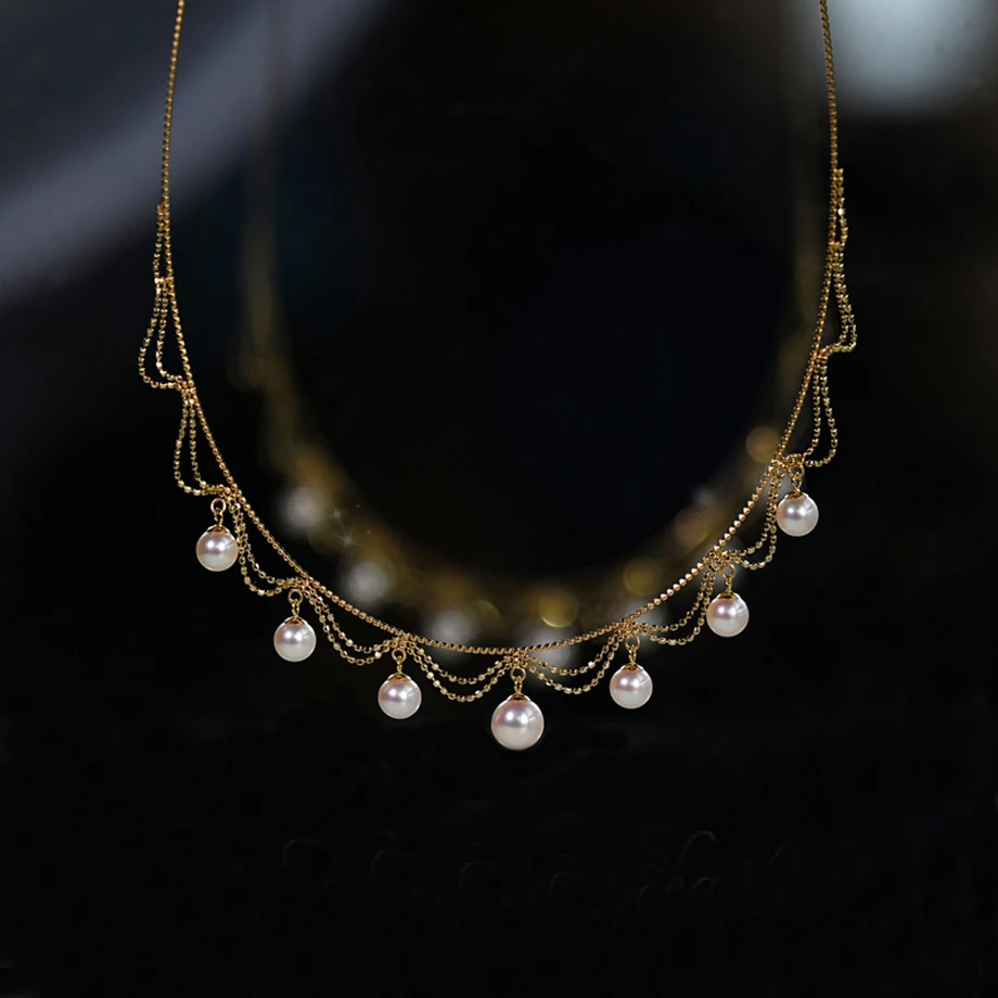 NYMPH Real 18K Gold Fine Jewelry Lace Necklace Choker Solid AU750 Collar Chain Natural AKOYA Seawater Pearl For Women N502