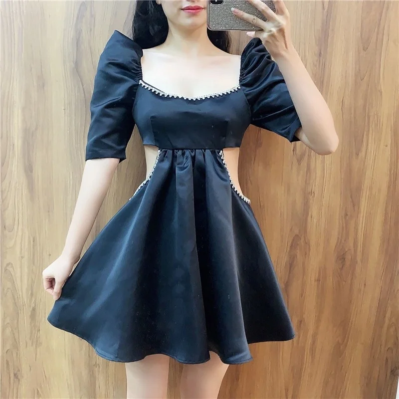 

Style Korean Elegant Womens New Diamonds Sexy Dress Office Lady Square Collar Puff Sleeve Hollow Out Above Knee Fashion Dress