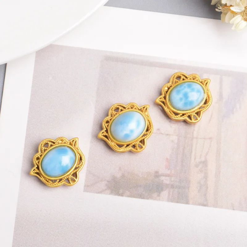 ZHEN-D Perhiasan Kualitas Tinggi Alami Larimar Perak Sepuh Emas Bentuk Lotus Mini Konektor Spacer Bead DIY Liontin Kalung Hadiah