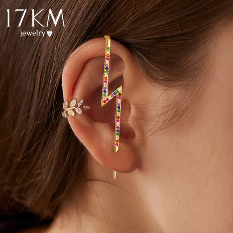 17KM Vintage Cubic Zirconia Leaves Ear Clip Ear Wrap Crawler Crystal Hook Earrings For Women Lightning Ear Cuff Climber Jewelry