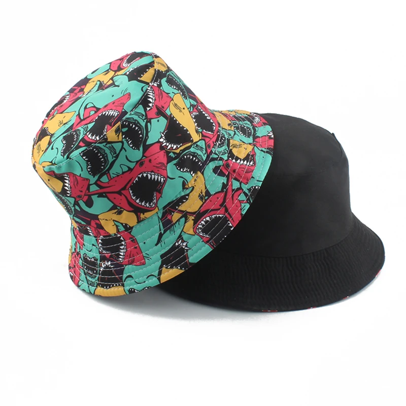 

2021 New Fashion Panama Bucket Hats Men Women Summer Fisherman Hat Shark Print Cartoon Animal Hip Hop Cap Bob Hat chapeau