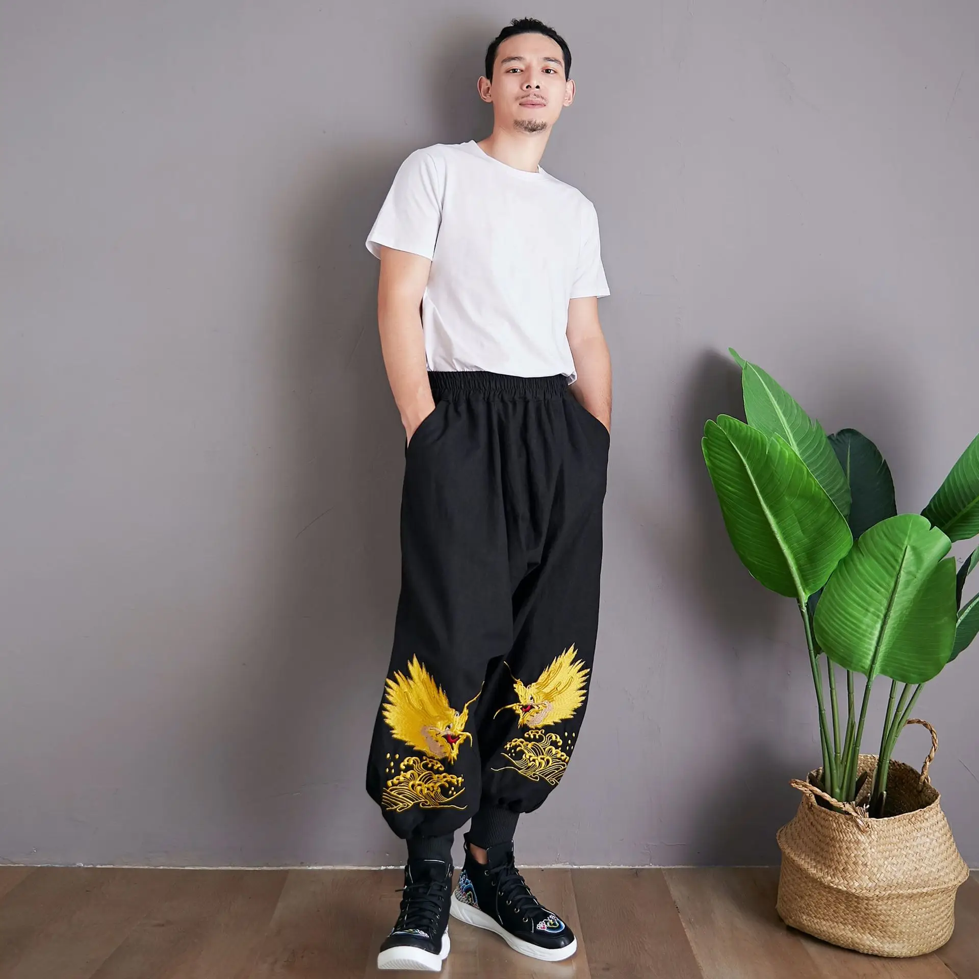 Autumn Men Yoga Tai Chi Martial Arts Pant Linen Embroidery Loose Wide Leg Bloomers Sweatpant Jogger Fitness Workout Casual Pant