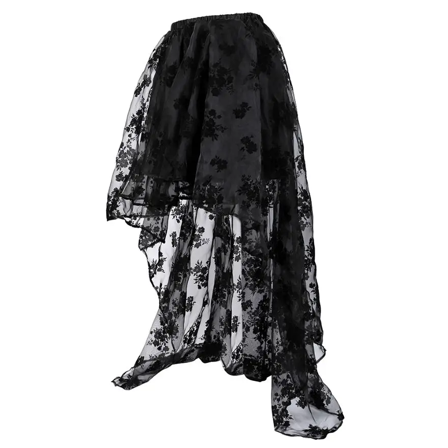 Women Asymmetrical High Low Tulle Long Skirt Wedding Party Fashion Sexy Irregular Floral Skirts Black/White/Black Red Plus Size