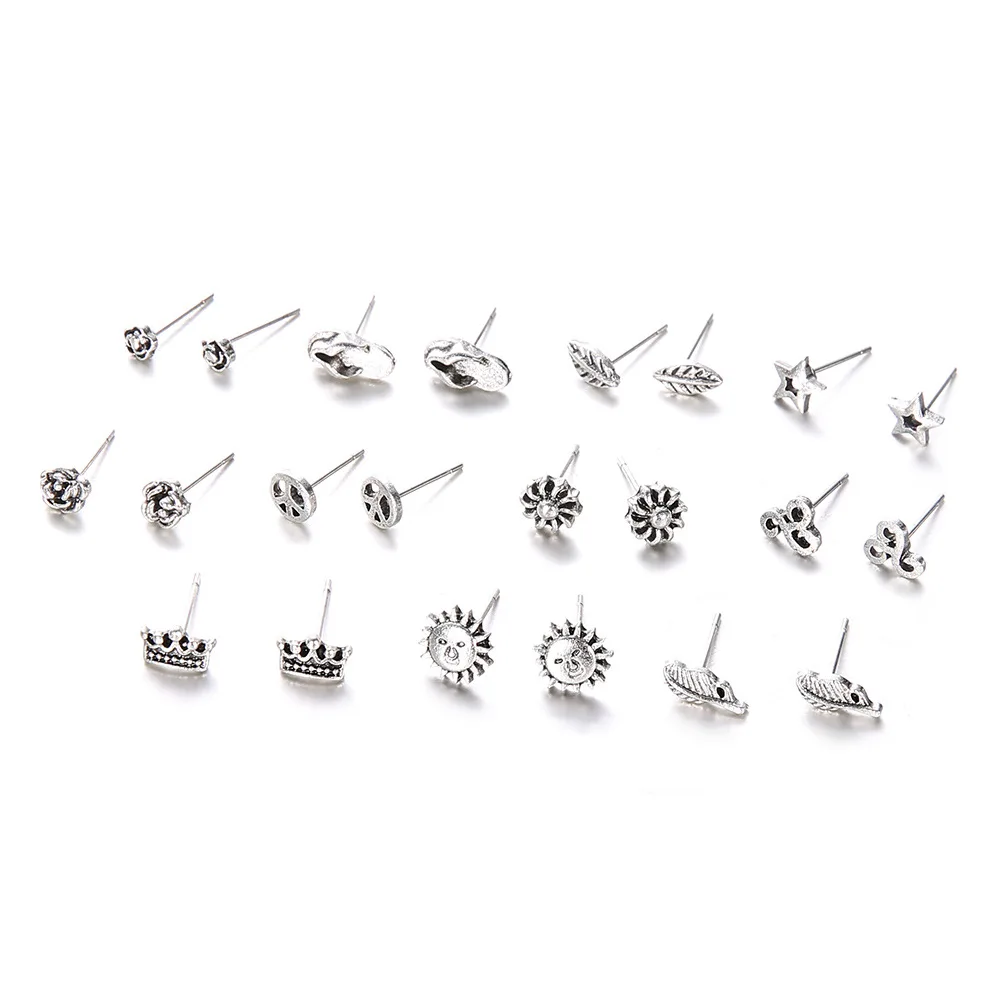 11pair/Set Small Summer Stud Earrings For Women Girls Beach Leaves Sandals sun metal Earring set Boho Jewelry Gift