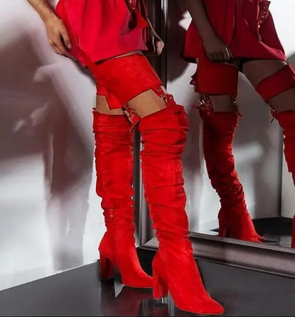 Red Yellow Black Suede Woman  Over The Knee Pointed Toe Buckles Sexy Pants Belts Boots High Heel Square Toe Long Boots Lady