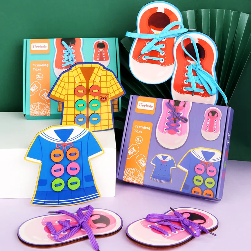 Tie Schoenveters Puzzels Threading Knoppen Onderwijs Speelgoed Kids Leuke Houten Schoenen Kleding Puzzels Speelgoed Vroeg Leren Onderwijs Speelgoed