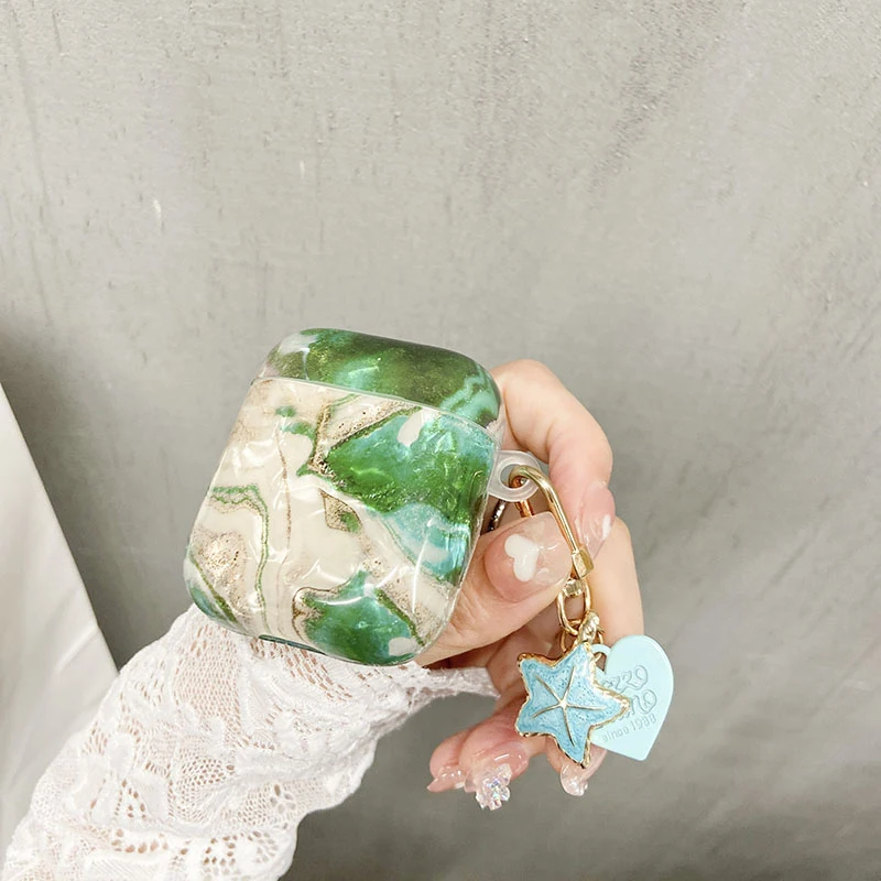 Para Apple AirPods 1 2 3 Pro funda de lujo verde Esmeralda mármol brillante funda para auriculares para AirPods 3 funda lindo corazón perla llavero