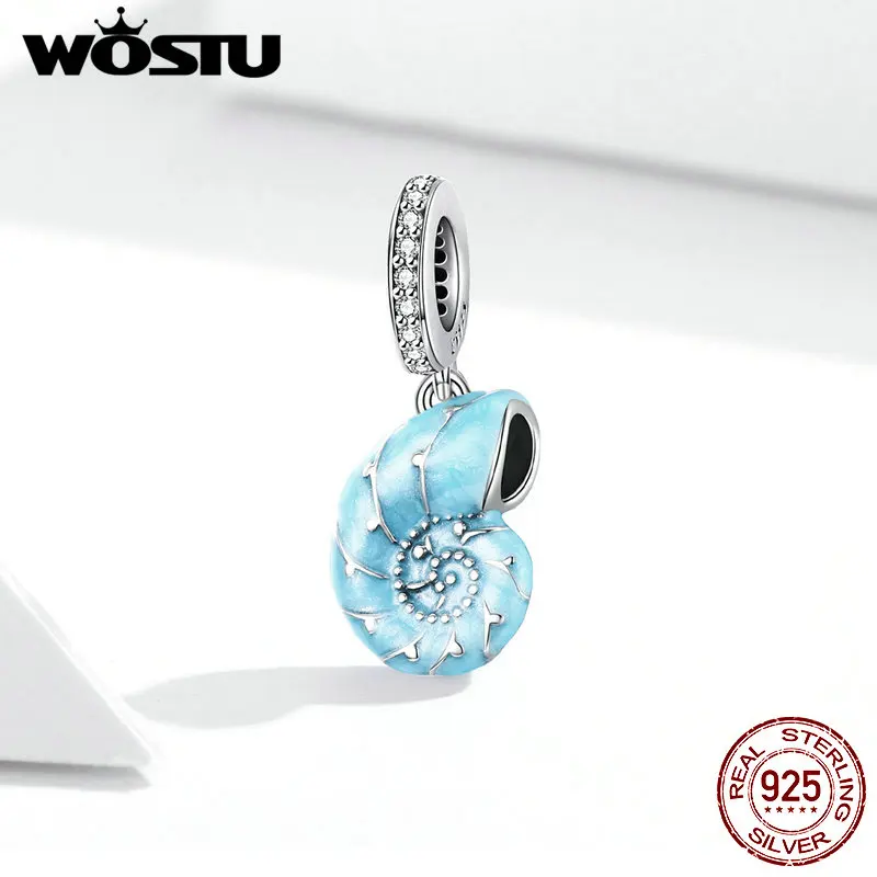 WOSTU Summer New 100% 925 Sterling Silver Blue Conch Pendant Charm fit DIY Beads Bracelet Necklace Jewelry Making Gift CQC1560