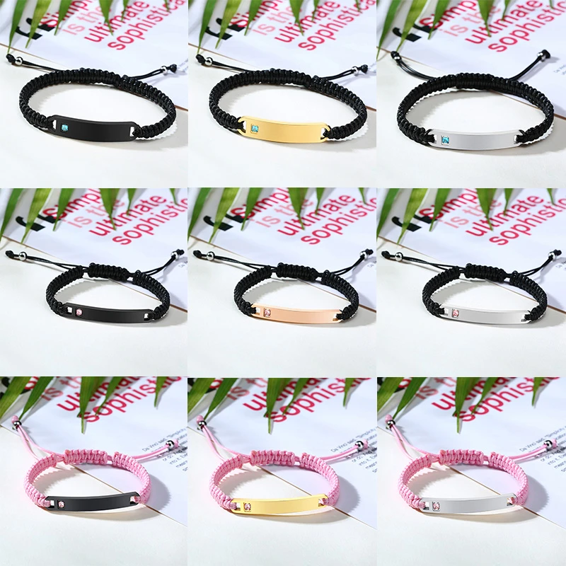 Vnox Personalized Handmade Braided Bracelets for Couples Stainless Steel Bar AAA CZ Stone Women Men Birthday Anniversary Gift
