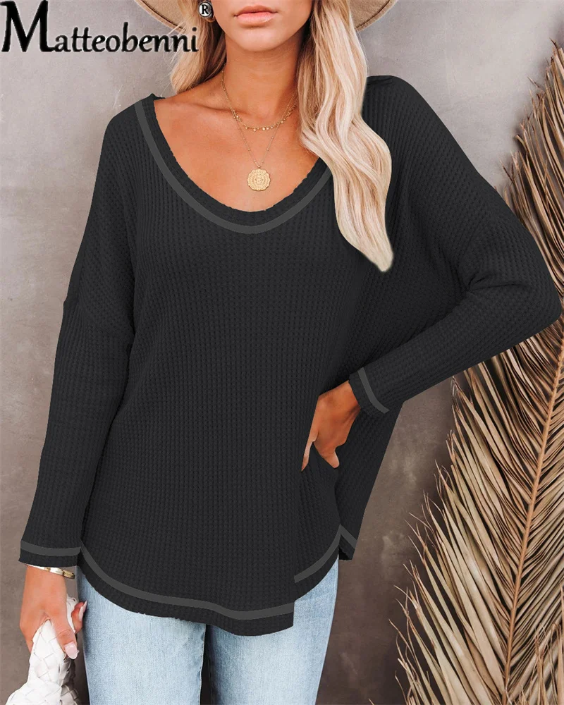 2021 Spring And Autumn Loose Waffle T-Shirt New Irregular Solid Color Tee V-Neck Long Sleeve Women's Tops Hot Style Casual Tops