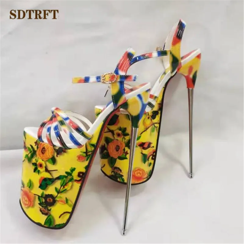 SDTRFT Ethnic printed 22cm Thin Heels platform Sandals Ankle Strap Shoes Woman Pumps SUMMER Peep Toe Stilettos zapatos mujer