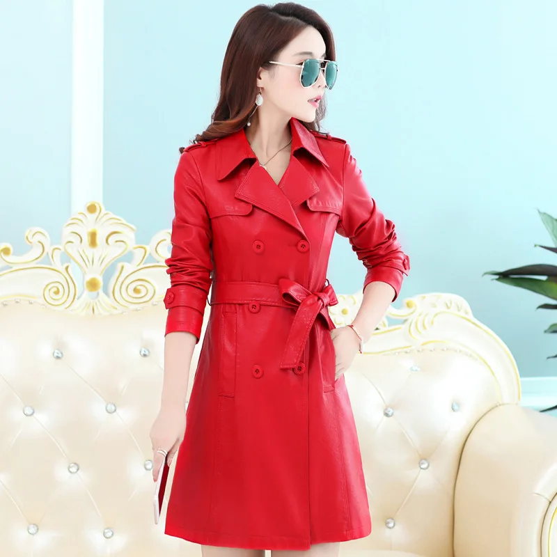 Women's Faux Leather Jacket Spring and Autumn Coat Women Long Red Leather Jackets 2020 Jaqueta Feminina Couro KJ590