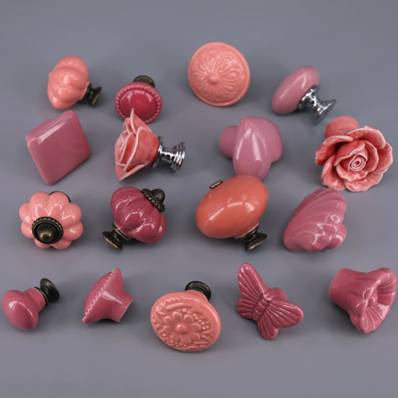 1PC Ceramic Dresser knobs Pink/rose red Cabinet Drawer Door Cupboard Pull Knobs Handles Children\'s Room Closet Handles