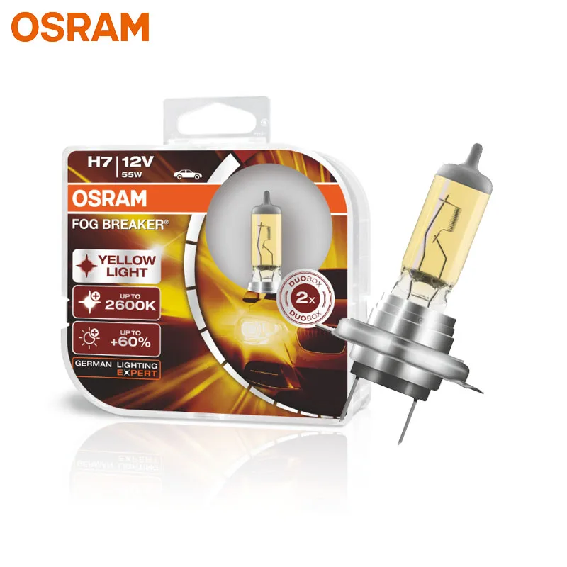 OSRAM H7 Yellow 62210FBR Halogen Fog Breaker 12V 55W Car Original Headlight 2600K Light +60% Brighter Genuine Auto Lamps, Pair