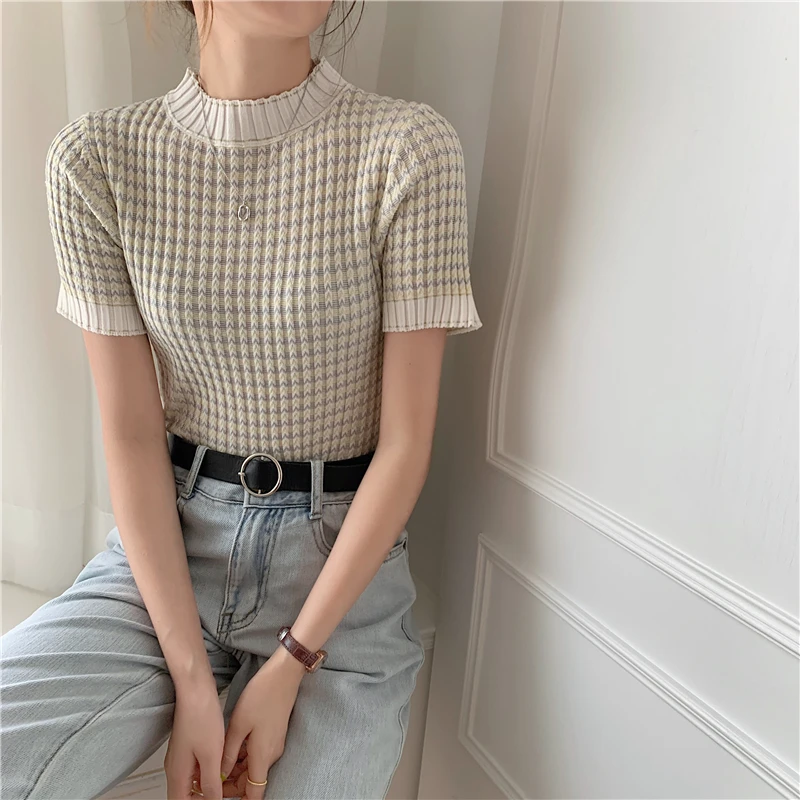 CHEERART Korean Fashion Knit Ribbed Top Short Sleeve High Neck Crochet Knitted Blouse Summer Clothes For Women 2021