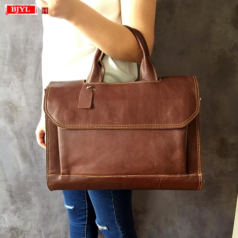 BJYL Genuine Leather Women Handbags Ladies Business 14 Inch Laptop Briefcase Female Shoulder Messenger Bags Crazy Horse Leather