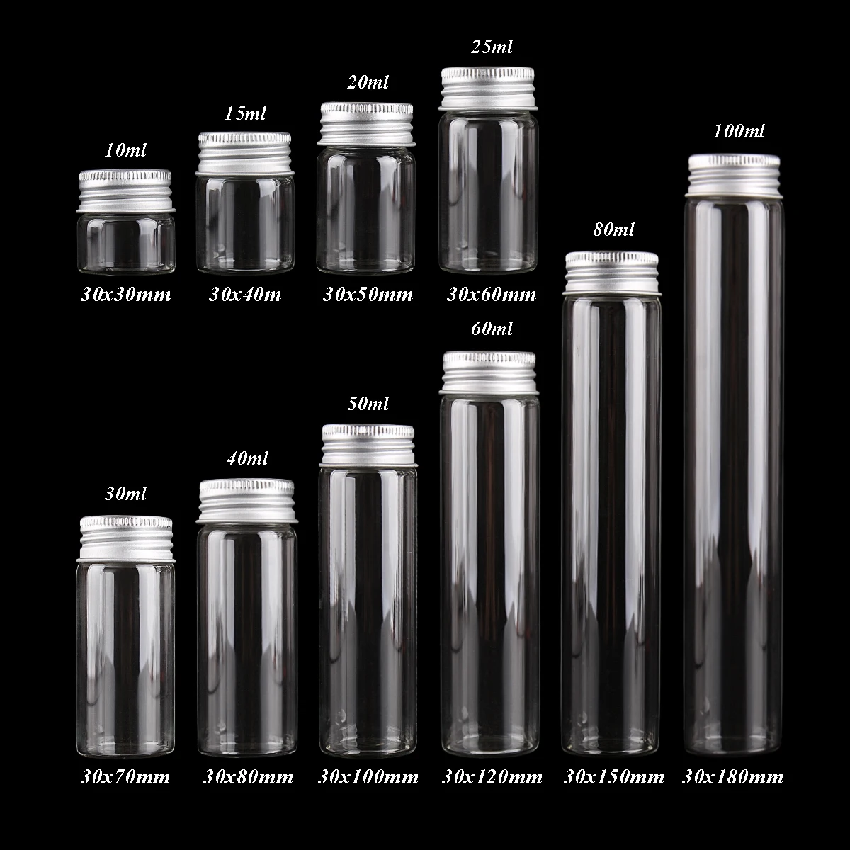 24pcs/lot 10ml 15ml 20ml 25ml 30ml 40ml 50ml 60ml 80ml 100ml Glass Bottles Jars with Aluminum Lids for Wedding Favors Art Crafts