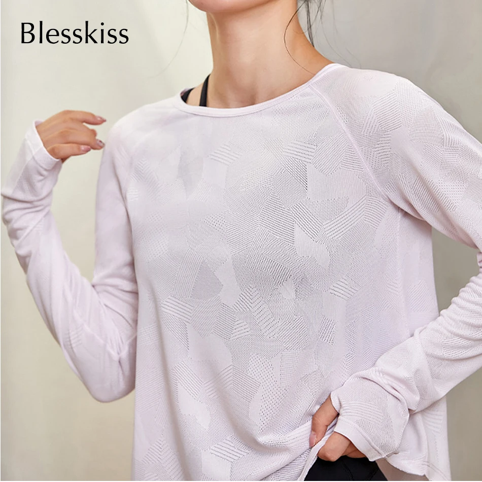 BLESSKISS Hollow Out Women Summer Sport Shirt Long Sleeve Loose Clothing See Through Transparent Fitness Yoga Top Sportswear