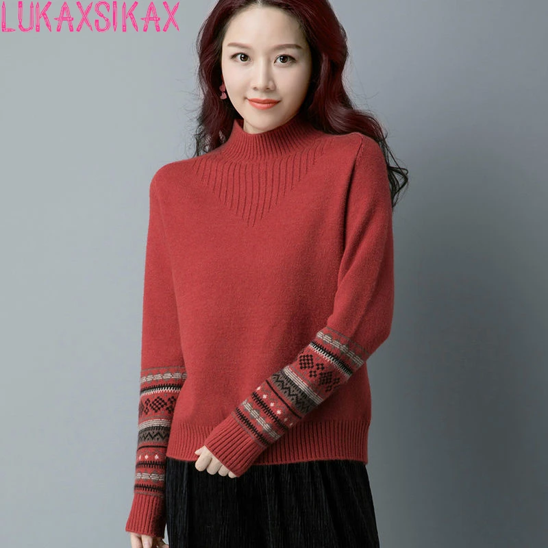 

LUKAXSIKAX New Autumn Winter Women Thicken Warm Half Turtleneck Base Sweater Retro Long Sleeve Woolen Knitted Sweater