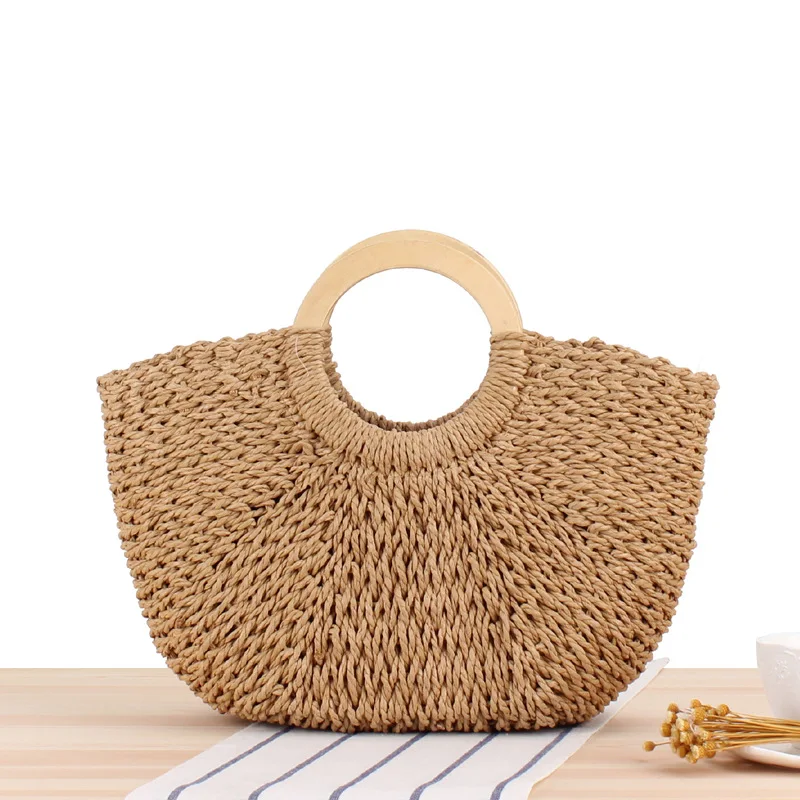 38x30CM Wooden Handle Straw Paper Rope Hand-woven Beach Bag Natural Style Solid Color Large Capacity Women a7248