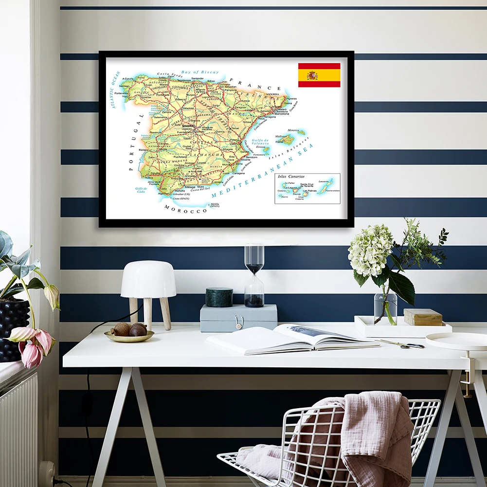 Pôster de arte de parede, 84*59cm, mapa da espanha da rede de estrada e trilho (em espanhol), pintura em tela, material escolar, decoração para casa