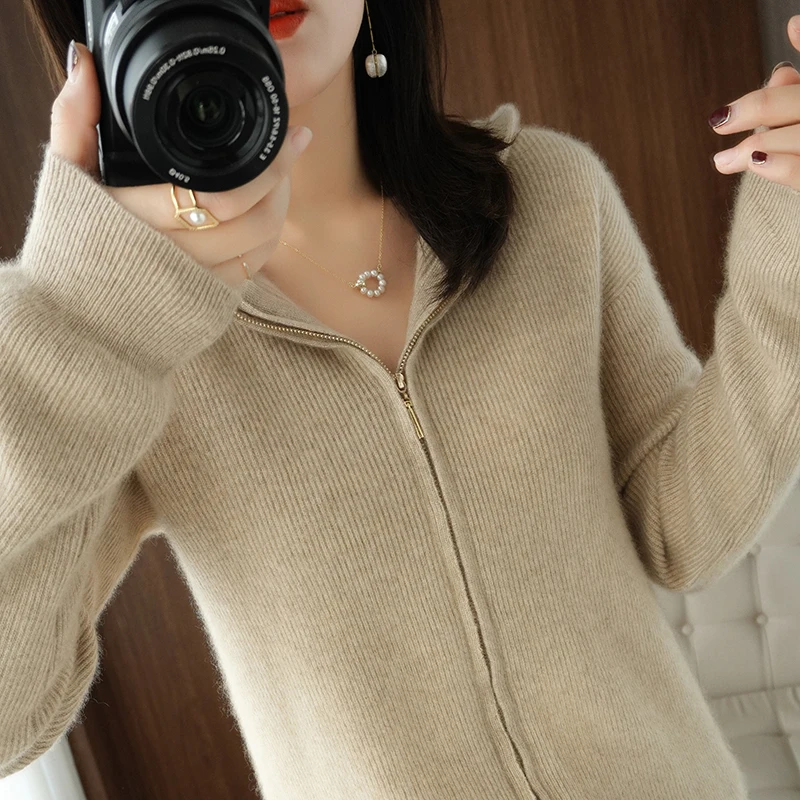 2021 Spring Autumn New Womens 100% Cashmere And Wool Cardigan Fashion Colors Female Knitted Hooded Large Size Soft Knitte Class