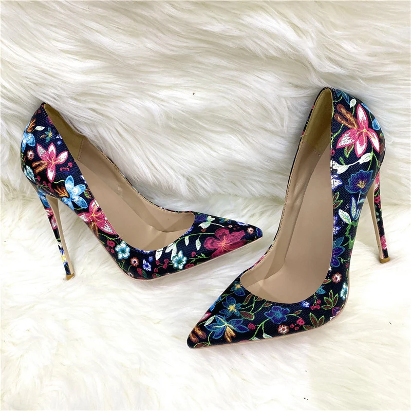 Heelgoo Floral Print Women Pointy Toe 8-12cm High Heel Chic Party Shoes Ladies Sexy Designer Stiletto Pumps Large Size 43 44 45