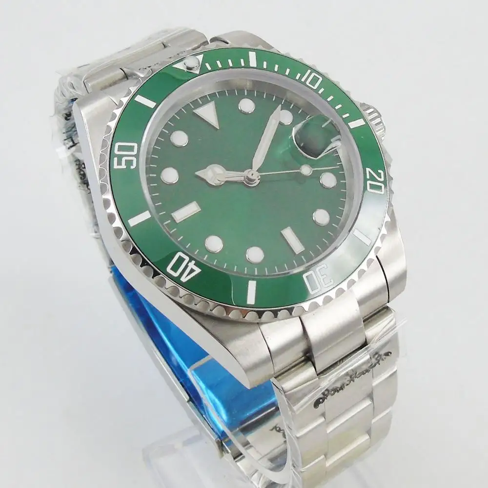 NH35 PT5000 Light Green Mechancial Men Watch Oyster Bracelet SUNBURST Dial Ceramic Bezle Insert Date Solid Back Sapphire Glass