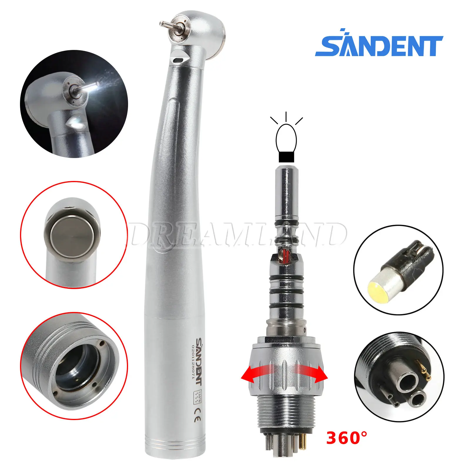 SKYSEA Dental Fiber Optic Handpiece Large Torque High Speed Turbine Handpiece & 6 Hole LED Quick Coupler