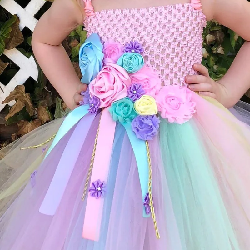 Girls Pastel Unicorn Flower Tutu Dress Kids Crochet Tulle Dress Ball Gown with Straps and Hairbow Children Party Costume Dresses