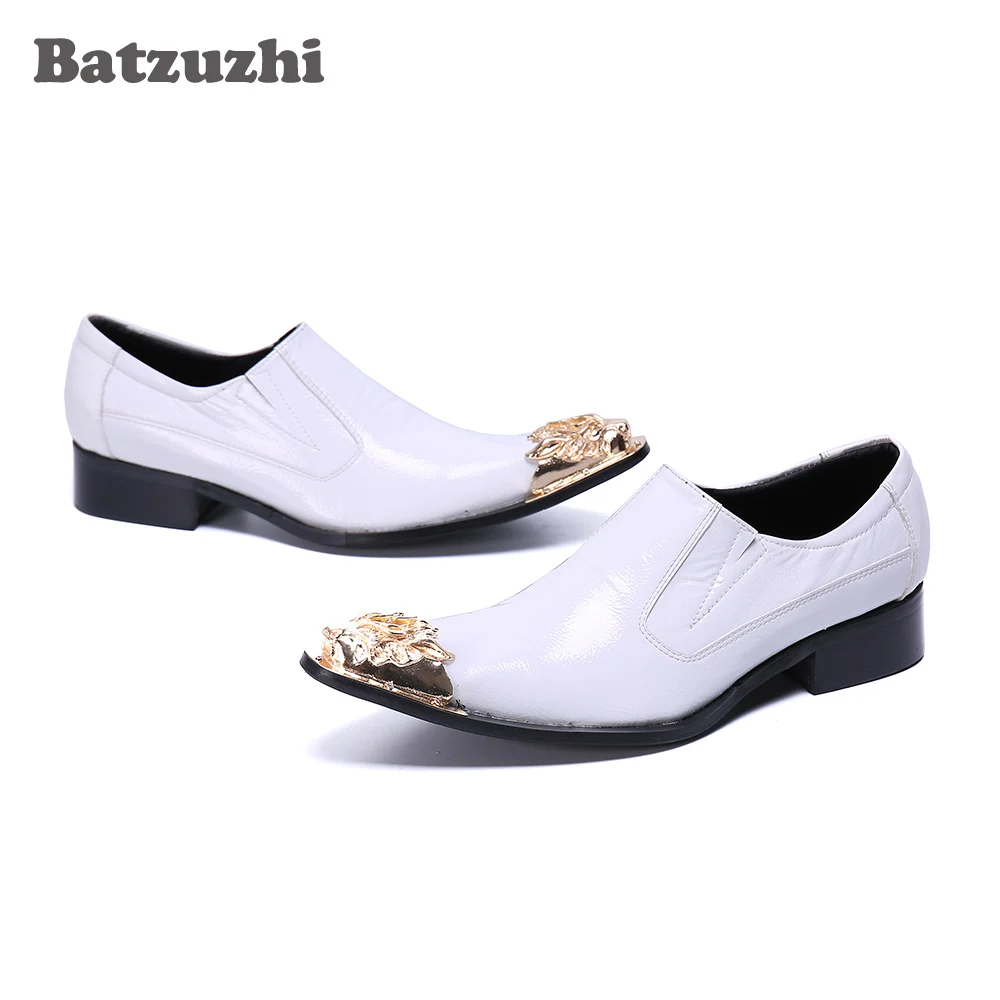 Batzuzhi White Genuine Leather Dress Shoes Italian Type Handmade Pointed Toe White Wedding/Business Shoes Man! Big Sizes