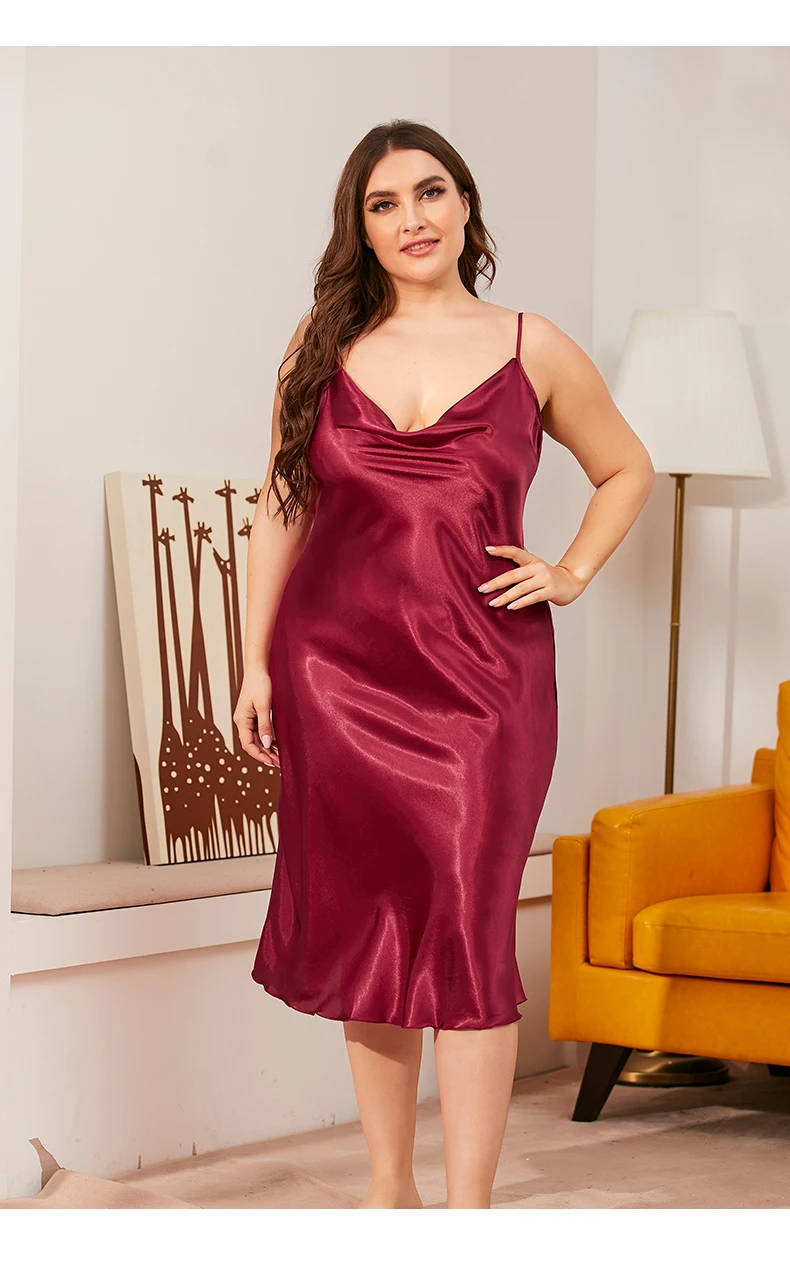 Camisola de cetim fino sólido feminino, pijamas de tamanho grande, camisola sexy, pijamas de verão, vestidos plus size