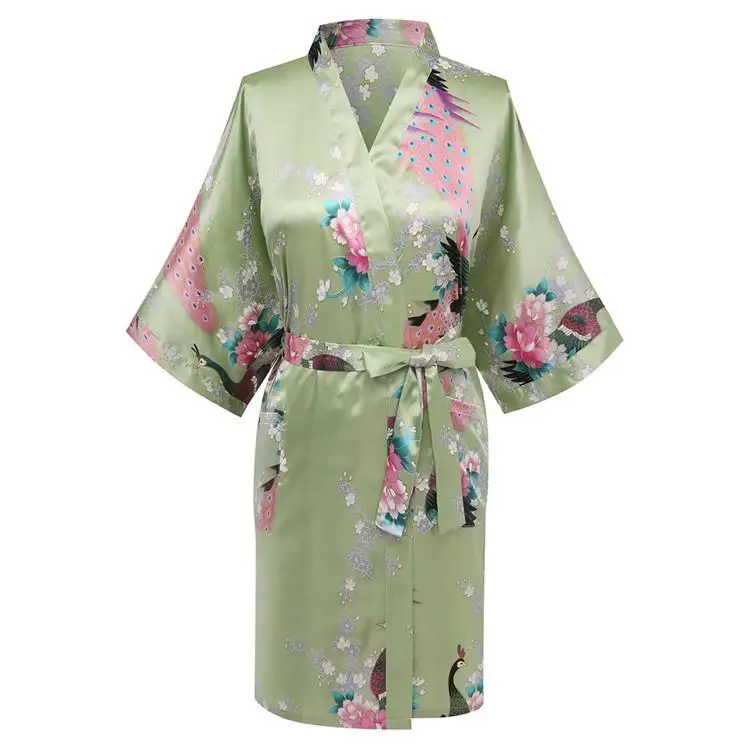 CEARPION Sexy Bathrobe Gown Print Flower Peacock Sleepwear Women Nightwear Satin Kimono Home Clothes Negligee Plus Size S-3XL