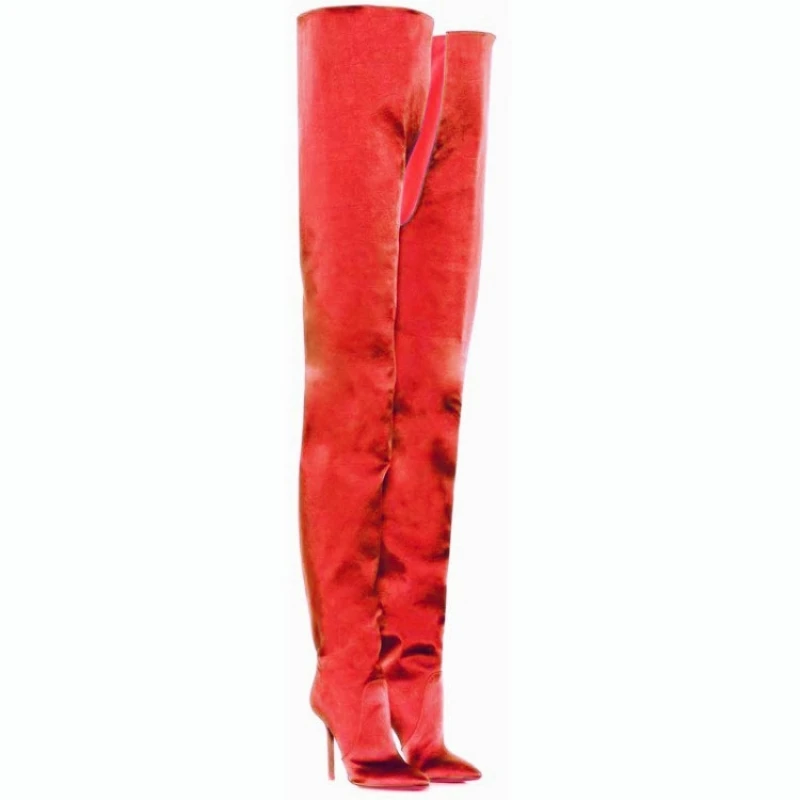 

Satin Pointed Toe Stiletto Over The Knee Boots Women Larger Size Fashion Super High Heel Long Boots Runway Booties Zapatos Mujer