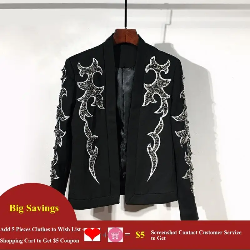 Men's Designer Embroidery Gems Beading Jacket Wedding Party Suit Runway Fashion Nightclub Singer Performance Costumes Black Coat