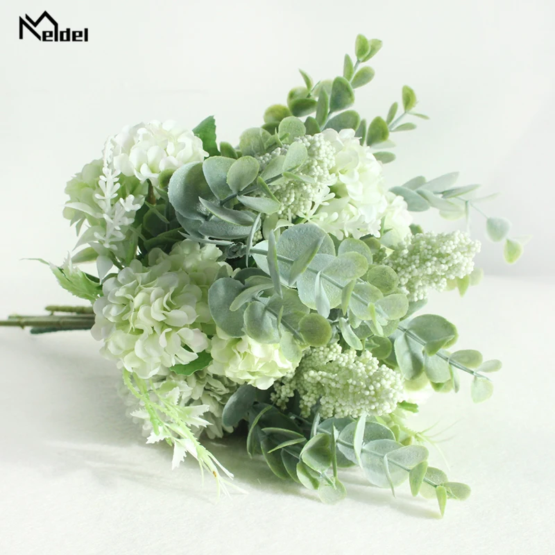 Meldel Wedding Flower Bouquet Bride Fortune Ball Artificial Silk Flower Bouquet Pompom Begonia Eucalyptus Leaf Wedding Bouquets