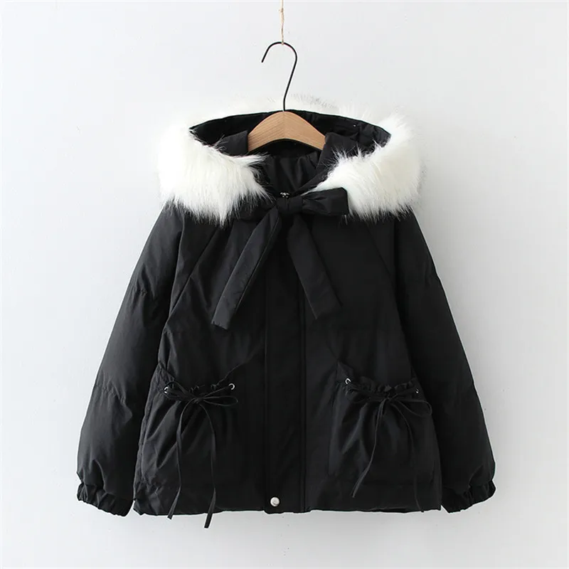 Kawaii Fashion Cotton Padded Jacket Women Cute Vintage Thick Warm Fur Collar Hooded Coat Casual Black Parka Outerwear Overcoat